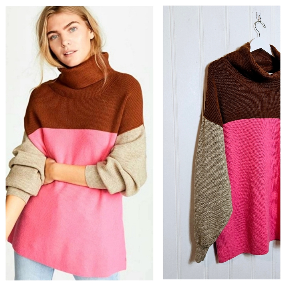 Free People Tunic M Softly Structured Colorblock Turtleneck Candy Pop Pink Brown